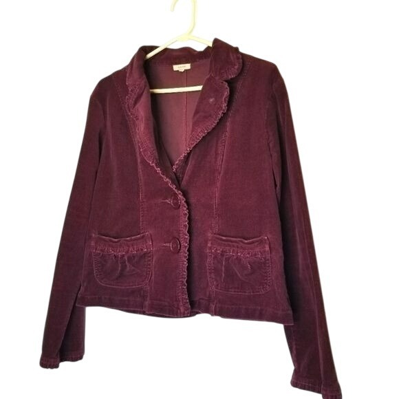 sashimi Jackets & Blazers - SASHIMI Women's Corduroy‎ Blazer Jacket L Burgundy Ruffle Trimmed Pockets Y2K